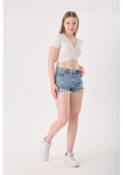 Eseclass Modern Kesim Yüksek Bel Püskül Paça Denim Şort Açık Mavi Açık Mavi