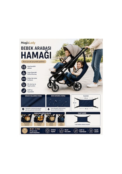 Laciver Bebek Arabası Hamağı Ayarlanabilir Askılı 2. Çocuk Oturma Ve Eşya Taşıma Aparatı Lacivert