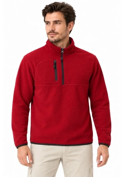 Butik İstanbul Erkek Polar Dik Yaka Yarım Fermuarlı Fermuarlı Göğüs Cepli Regular Fit Kışlık Sweatshirt - Bordo