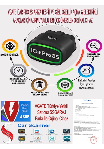 Vgate İcar Pro 2S v2.3 Bluetooth 5.2 Elektrikli Araçlar İçin Özel ABRP Uyumlu Arıza Tespit Cihazı