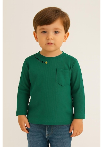 Luess Unisex Çocuk Happiness Nakışlı Cepli Fitilli Kaşkorse Tişört Yeşil