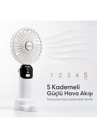 Mkio Şarjlı El Vantilatörü 5 Kademeli, Katlanabilir Dijital Ekranlı Mini El Fanı, 1200 Mah, 5 Pervaneli Güçlü Hava Akışı, Standlı Masaüstü Fan, Usb Şarjlı -beyaz