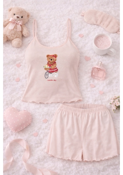 Koza İç Giyim Kadın İnce Askılı Desenli Pamuklu Şortlu Pijama Takımı Kk30231 Pudra