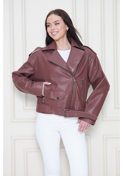 M M Marki Marki Kadın Hakiki Jumbo Deri Ceket Biker Tarz, Kemerli, Oversize, Apoletli, 62 Cm, Kahverengi - 117822