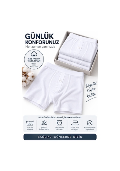 Westicgiyim Erkek Düğmeli Uzun Paça Boxer %95 Pamuk %5 Elastan Likralı Esnek Beyaz İç Giyim S-m-l
