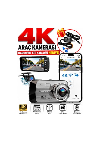 4k Ultra Hd Wifi Araç Kamerası Ön 4k Arka 1080p 7/24 Park Modu G-sensör Park Kiti Hediye