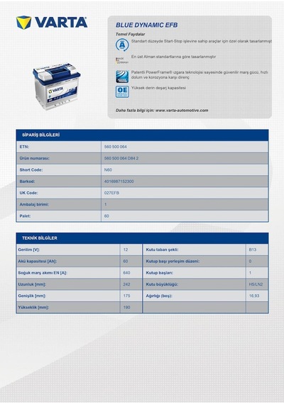 Varta Akü N60 12V 60 Ah 640AEN  EFB Start-Stop Üretim 2023