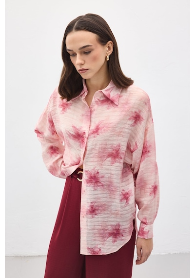 Sateen Kolu Katlamalı İnce Gömlek - Pembe-137204 Pembe