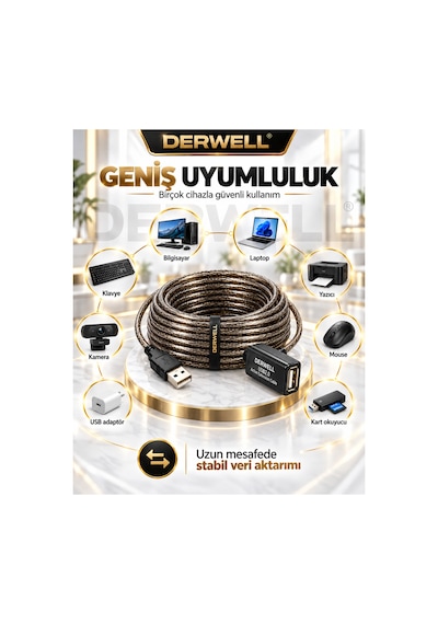 Yeni 2026 10 Metre Usb 2.0 Aktif Uzatma Kablosu Dahili Güçlendirilmiş Sinyal Çipli Kopma Donma Yapmaz Tak Çalıştır Erkek Dişi Yüksek Hızlı Kararlı Veri Aktarım Kablosu Gold Seri Premium