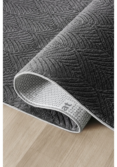 Raschel Carpet Premium Yıkanabilir Leke Tutmaz Yaprak Emboss Koyu Gri Mutfak Halısı Özel Seri Kaymaz Taban Halı Koyu Gri
