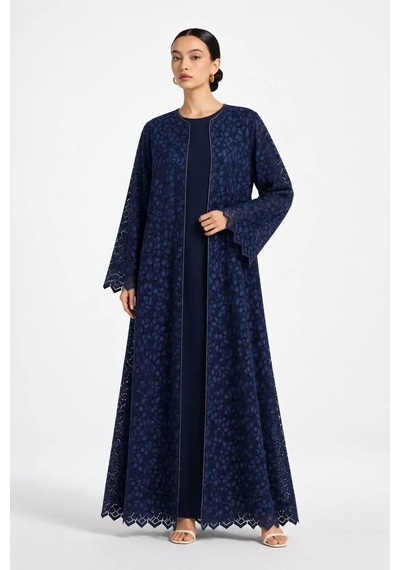Nazzain Lacivert Dantel İşlemeli Abaya Takımı Çok Renkli