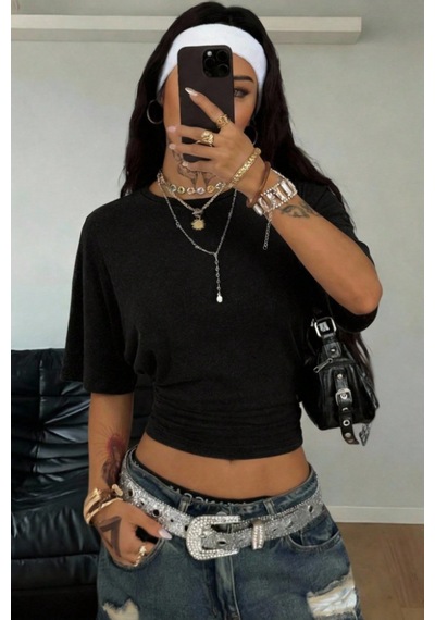 Kadın Kısa Kollu Crop Tişört Bisiklet Yaka, Slim Fit, Günlük & Şık Basic T-shirt Siyah