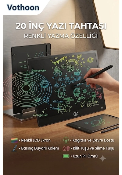 20 Inc Renkli Lcd Grafik Dijital Kalemli Çizim Tableti Yazı Tahta Not Yazma Eğitim Tableti Siyah
