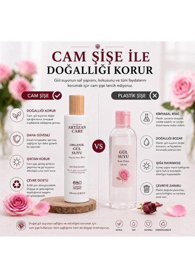 Artizan Care Organik Gül Suyu 100 Ml Cosmos Sertifikalı %100 Saf Gül Suyu Sprey Cam Şişe Tüm Cilt Tipleri