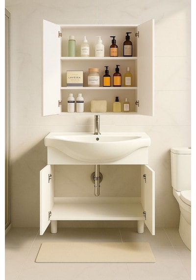 Makbulce 65 Cm Beyaz Mdf Seramik Lavabolu Ayaklı Aynalı Banyo Dolabı Beyaz
