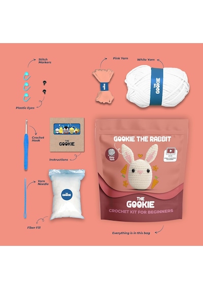 The Gookie Amigurumi Tavşan Örgü Seti, Başlangıç Seviyesi, Beyaz Pamuklu İplik, Video Eğitimli, Tığ Ve İğne Diğer