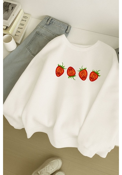 Benroma 3 İplik Penye Çilek Baskılı Unisex Sweatshırt Beyaz