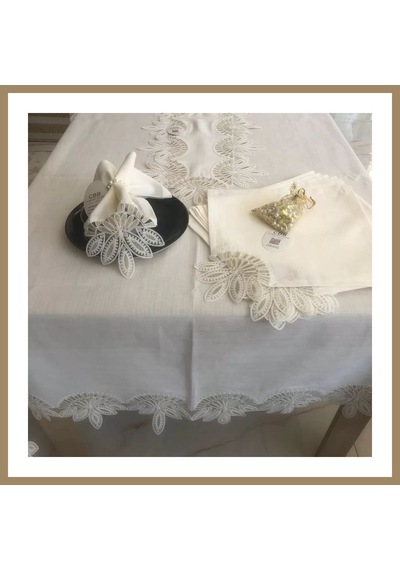 Kahveci.store Sofra Takımı Lady Gardenya Keten Yemek Takımı 160x220 Masa Seti 26 Parça Runner Set Kreme Gold 22 Altın