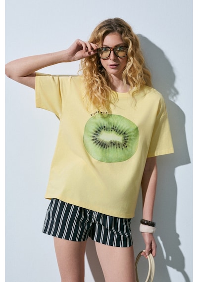 Grımelange Asterıve Kadın Organik Pamuklu Baskılı Bisiklet Yaka Oversıze Sarı T-shirt Sarı