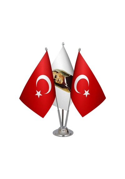 Masa Üstü Atatürk Bayrağı Türk Bayrağı Üçlü Krom Direk Masa Bayra