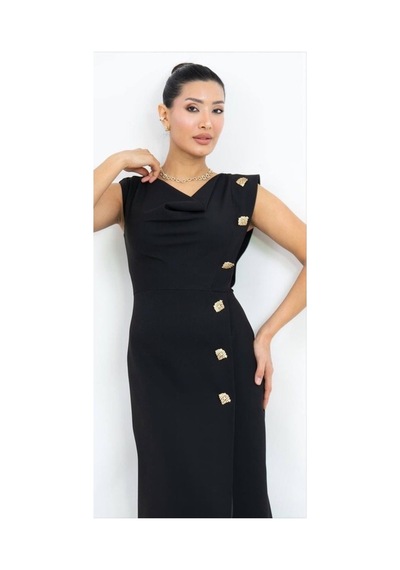 Dorne Moda Degaje Yaka Yırtmaçlı Midi Elbise Siyah Siyah