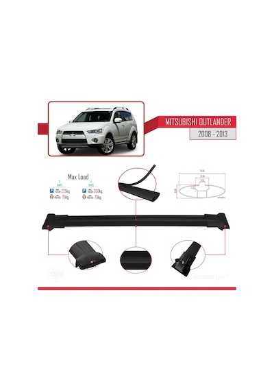 Mitsubishi Outlander 2008-2013 Arası İle Uyumlu Fly Model Ara Atkı Tavan Barı Siyah 3 Adet Bar