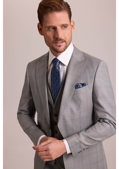 Erkek Gri Krem Slim Fit Sivri Yaka Yelekli Yün Kareli Takım Elbis Gri - Krem