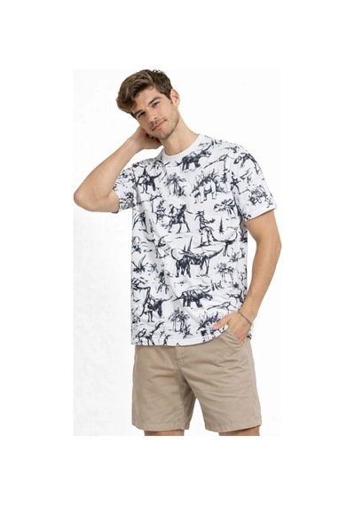 Veraura Lifestyle Erkek Beyaz Dinozor Desenli Tişört Regular Fit, Bisiklet Yaka, Dijital Baskılı Pamuklu T-shirt - Beyaz