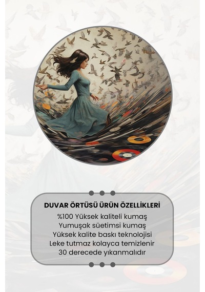 Müzik Ve Kuşlar Desenli Duvar Halısı Duvar Örtüsü Tapestry Süet Dokulu Kumaş