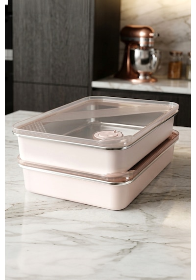 2'li Stainless Paslanmaz Çelik Vakumlu Saklama Kabı,fırın Ve Kek Kabı 3 Lt Yemek Kabı Sefer Tası Pembe