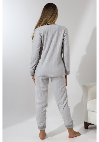 Wordex Fawn 5019 Peluş Welsoft Polar Kışlık Yumoş Kadın Pijama Takımı Love Açık Gri