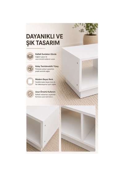 Modern Beyaz Orta Sehpa Açık Raflı Çok Amaçlı Salon Sehpası 90x45x30 Cm Beyaz Beyaz