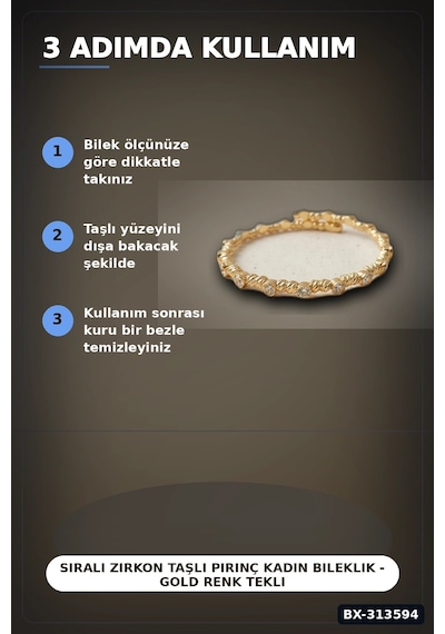 Bay Sıralı Zirkon Taşlı Pirinç Kadın Bileklik - Gold Renk Tekli Parça, Bijuteri Aksesuar Bx-313594 Najmaddin Standart