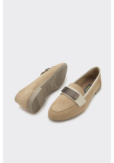 Derinet Hakiki Deri Tokalı Kadın Loafer Bej Süet Bej Süet