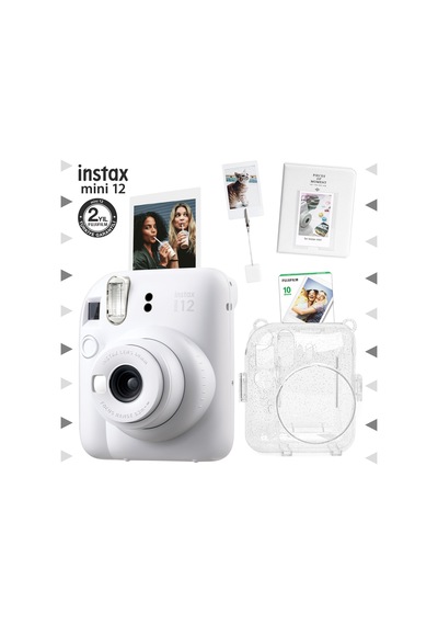 Fujifilm Instax Mini 12 Fotoğraf Makinesi + 10'lu Film + Kıskaçlı Stand + Pvc Albüm + Simli Pleksi Kılıf Seti Beyaz