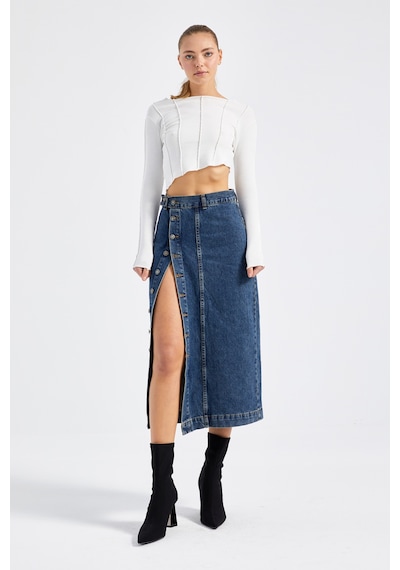it's basic Kadın Tint Kot Rengi Tilia Önü Düğmeli Maxi Boy Denim Etek