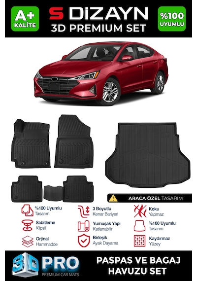 S-dizayn Hyundai Elantra 3d Pro Havuzlu Paspas Ve Bagaj Havuzu Seti 2'li Set 2020 Üzeri A+ Kalite