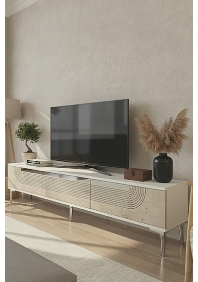 Tsa1805bts Meyra Tv Sehpası Beyaz-traverten-sılver 180cm Beyaz - Traverten - Gümüş
