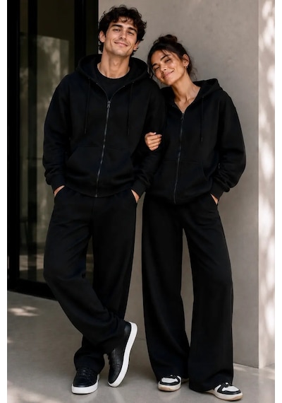 Bb Butik Basic Oversize Kalın Üç Iplik Fermuarlı Kapüşonlu Sweatshirt siyah