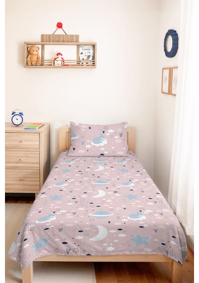 Evimde Bambaşka Pembe Uzay Yıldız Kız Çocuk Pike Takımı - Ay Bulut Mavi Bebek Odası Yazlık Yatak Örtüsü - 160x220  CM