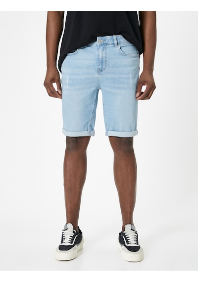 Koton Yırtık Kot Şort Slim Fit Katlama Detaylı Düğmeli Cepli Açık İndigo 4sam40101nd Açık İndigo