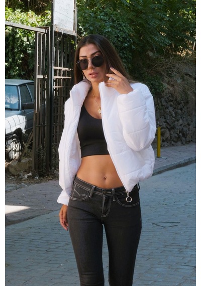 Keyifli Moda Kadın Beyaz Parlak Su İtici Dik Yaka Kısa Şişme Mont - 40 Beyaz