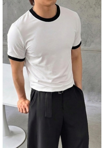 Tarz Cool Erkek Regular Fit Bisiklet Yaka Kontrast Biyeli %100 Pamuk Süprem Tişört Beyaz