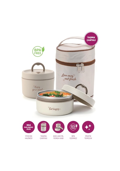 House Pratik Hp107 Çantalı Paslanmaz Çelik 2'li 600 + 440ml Lunch Box Yemek Kabı Krem