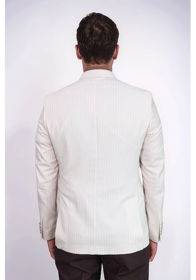Ekru Çizgili Keten Dokulu Gold Renk Metal Düğmeli Slim Fit Erkek Blazer Ceket Wessi Cream