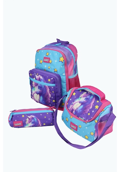 Wia Wıa Sw019 Unicorn - 3' Lü Okul Çantası Seti - Sırt Ve Beslenme Çantası + Kalemlik Mavi - Pembe
