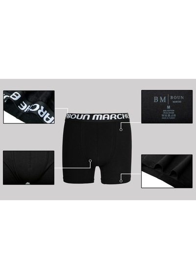 Boun Marche Erkek Boxer Likralı Premium 6'lı Kutu Tom Beyaz - Siyah Gömmeli