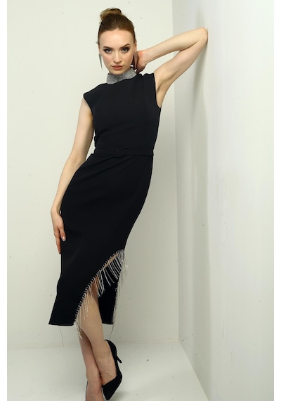By Saygı Kadın Taşlı Hakim Yaka Beli Kemerli Yanı Zincir Detaylı Yırtmaçlı Kendinden Telalı Midi Elbise-40753 Siyah By Saygı Kadın Taşlı Hakim Yaka Beli Kemerli Yanı Zincir Detaylı Yırtmaçlı Kendinden Telalı Midi Elbise-40753 Siyah