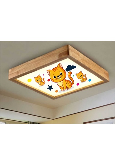 Ahşap Çerçeve Tavan Led Aydınlatma Avize 30X30Cm Kedi Beyaz 6500K