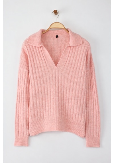 Maison Velora Kadın Pembe Polo Yaka V Yaka Fitilli Oversize Triko Kazak Pudra Pudra